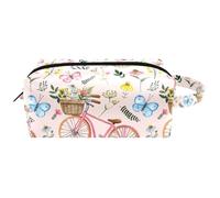 Trousse de toilette de voyage pour femme en cuir microfibre avec fermeture éclair, vélo romantique avec panier à fleurs, papillon, multicolore, 8.2x3.1x3.5 in/21x8x9 cm, Trousse de toilette