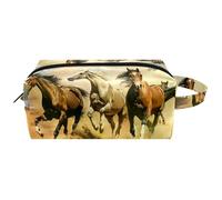 Trousse de toilette de voyage pour femme - En cuir microfibre - Pratique - Avec fermeture éclair - Chevaux aquarelle au galop dans le désert, multicolore, 8.2x3.1x3.5 in/21x8x9 cm, Trousse de toilette