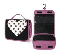 Trousse de toilette de voyage pour femme, motif cœur blanc à pois bruns, organiseur de maquillage à suspendre avec crochet pour shampooing