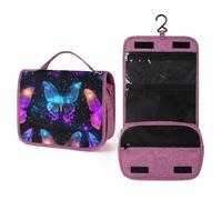 Trousse de toilette de voyage pour femme, motif papillons colorés fluo, organiseur de maquillage à suspendre avec crochet pour shampooing