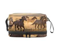 Trousse de toilette double couche avec compartiment à pinceaux - Motif chevaux au galop dans la prairie - Pour femme et fille, multicolore, 27x15x14 cm/10.6x5.9x5.5 in, Trousse de toilette