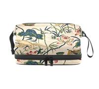 Trousse de toilette double couche avec compartiment à pinceaux - Motif oiseaux et canard mandarin dans un étang à lotus - Pour femme et fille, multicolore, 27x15x14 cm/10.6x5.9x5.5 in, Trousse de