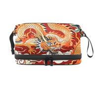 Trousse de toilette double couche avec compartiment à pinceaux pour femme et fille Motif dragon chinois Rouge, multicolore, 27x15x14 cm/10.6x5.9x5.5 in, Trousse de toilette