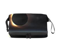 Trousse de toilette double couche avec fond ciel spatial avec éclipse solaire pour femmes et filles, trousse de toilette de voyage, trousse de maquillage pratique avec compartiment à brosse,