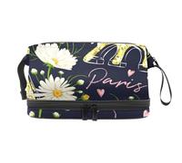 Trousse de toilette double couche avec imprimé tour pailletée dorée et camomille pour femmes et filles, trousse de toilette de voyage, trousse de maquillage pratique avec compartiment à brosse,