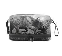 Trousse de toilette double couche Bataille du Lion et du Taureau pour femmes et filles, trousse de toilette de voyage, trousse de maquillage pratique avec compartiment à brosse, multicolore, 27x15x14