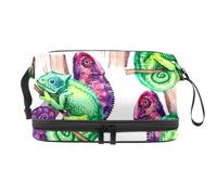 Trousse de toilette double couche caméléon vert et violet pour femmes et filles, trousse de toilette de voyage, trousse de maquillage, sac de rangement pratique avec compartiment à pinceaux,
