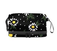 Trousse de toilette double couche noire à motif camomille pour femmes et filles, trousse de toilette de voyage, trousse de maquillage pratique avec compartiment à pinceaux, multicolore, 27x15x14