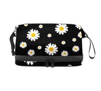 Trousse de toilette double couche noire avec motif floral marguerite pour femmes et filles, trousse de toilette de voyage, trousse de maquillage pratique avec compartiment à pinceaux, multicolore,