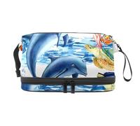 Trousse de toilette double couche pour femme et fille, motif animaux marins, dauphins, tortues, poissons, trousse de toilette de voyage, trousse de maquillage pratique avec compartiment à brosse,