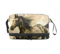 Trousse de toilette double couche pour femme et fille Motif cheval au galop Trousse de toilette de voyage Sac de rangement pratique avec compartiment à brosse, multicolore, 27x15x14 cm/10.6x5.9x5.5