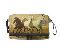 Trousse de toilette double couche pour femme et fille Motif chevaux au galop dans le désert, multicolore, 27x15x14 cm/10.6x5.9x5.5 in, Trousse de toilette