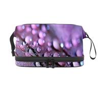 Trousse de toilette double couche pour femme et fille, motif gouttes d'eau sur feuille violette, multicolore, 27x15x14 cm/10.6x5.9x5.5 in, Trousse de toilette