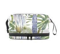 Trousse de toilette double couche rayée à motif de feuilles et de feuilles pour femmes et filles, trousse de toilette de voyage, trousse de maquillage pratique avec compartiment à pinceaux,