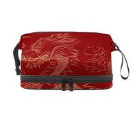 Trousse de toilette double couche rouge avec motif dragon chinois doré sur fond rouge pour femmes et filles, multicolore, 27x15x14 cm/10.6x5.9x5.5 in, Trousse de toilette