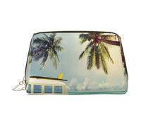 Trousse de toilette élégante en cuir avec impression de scène de bord de mer, sac de maquillage en cuir pour sac à main avec fermeture éclair sur le dessus, doré, Taille unique