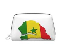 Trousse de toilette élégante en cuir avec imprimé carte du Sénégal - Trousse de maquillage en cuir avec fermeture éclair sur le dessus, Argenté., Taille unique