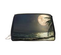 Trousse de toilette élégante en cuir avec motif palmier tropical et pleine lune étoilée avec fermeture éclair sur le dessus, doré, Taille unique