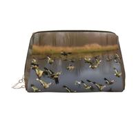 Trousse de toilette élégante en cuir imprimé canards sauvages chasseurs volants, trousse de maquillage en cuir pour sac à main avec fermeture éclair sur le dessus, doré, Taille unique