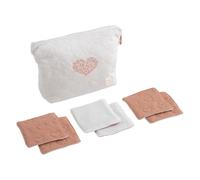 Trousse de toilette en coton matelassé et 6 carrés éponge blanc/rose TU