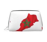 Trousse de toilette en cuir avec imprimé carte du Maroc - Trousse de maquillage en cuir avec fermeture éclair sur le dessus, Argenté., Taille unique