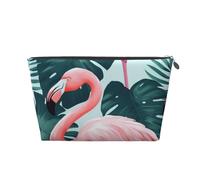 Trousse de toilette en cuir avec imprimé flamant rose et feuille verte pour femme et fille - Trousse de maquillage portable en cuir avec fermeture éclair dorée, Argenté., Taille unique, Trousse de