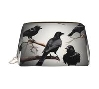 Trousse de toilette en cuir de qualité supérieure avec imprimé corbeau noir et oiseaux sur une branche avec pochette portable étanche ouverte plate, doré, Taille unique