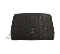 Trousse de toilette en cuir de qualité supérieure avec imprimé hiéroglyphes égyptiens antiques avec pochette portable étanche ouverte et plate, Argenté., Taille unique