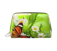 Trousse de toilette en cuir de qualité supérieure avec imprimé papillon sur marguerite avec pochette portable étanche ouverte plate, doré, Taille unique