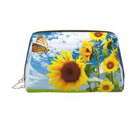 Trousse de toilette en cuir de qualité supérieure avec imprimé tournesol et papillon avec pochette portable étanche et plate, doré, Taille unique