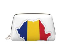Trousse de toilette en cuir de qualité supérieure avec motif carte du drapeau de la Roumanie avec pochette portable étanche et ouverte, doré, Taille unique