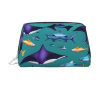 Trousse de toilette en cuir pour femme Motif raie manta et poissons, Argenté., Taille unique, Trousse de toilette