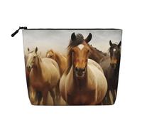 Trousse de toilette en forme de chat d'art moderne du milieu du siècle pour femme, trousse de maquillage de voyage portable, organiseur quotidien avec fermeture éclair, Beaucoup de chevaux, Taille