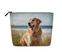 Trousse de toilette en lin avec imprimé Golden Retriever sur la plage - Trousse de toilette personnalisée pour femme et maman, Noir , Taille unique, Trousse de maquillage