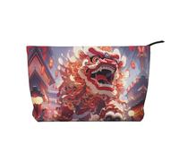 Trousse de toilette en velours côtelé de grande capacité avec motif de danse lion, sac de rangement tendance et étanche pour articles de toilette, Noir , Taille unique