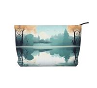 Trousse de toilette en velours côtelé de grande capacité, motif feuilles tombées sur un lac tranquille, sac de rangement tendance et imperméable, Noir , Taille unique