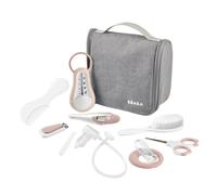 Béaba Trousse de toilette bébé Nomade – 10 accessoires, crochet rotatif, double zip – Rose