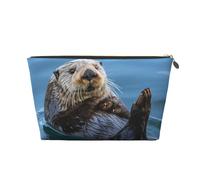 Trousse de toilette imprimée loutre de mer pour femmes et filles, trousse de maquillage portable en cuir avec fermeture éclair dorée, doré, Taille unique, Trousse de toilette