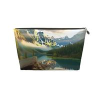 Trousse de toilette imprimée paysage naturel pour femmes et filles, trousse de maquillage portable de voyage en cuir avec fermeture éclair dorée, doré, Taille unique, Trousse de toilette
