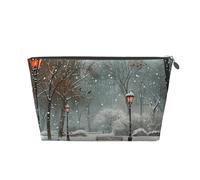 Trousse de toilette imprimée Snow Falling in The Park pour femmes et filles, trousse de maquillage portable de voyage en cuir avec fermeture éclair dorée, Argenté., Taille unique, Trousse de toilette