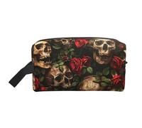 Trousse de toilette imprimée tête de mort et rose rouge, grande capacité, pochette de rangement pour banque d'alimentation et câbles, blanc, One Size