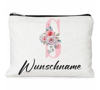 Trousse de toilette personnalisée avec nom blanc - Lettre initiale - Poche zippée en toile - 22 x 14 cm - Trousse de toilette avec nom au choix - Cadeau pour petite amie, enseignante, demoiselle