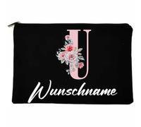 Trousse de toilette personnalisée avec nom noir - Lettre initiale - Poche zippée en toile - 22 x 14 cm - Trousse de toilette avec nom au choix - Cadeau pour petite amie, enseignante, demoiselle