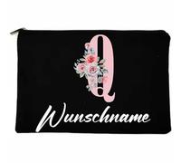 Trousse de toilette personnalisée avec nom noir - Lettre initiale - Poche zippée en toile - 22 x 14 cm - Trousse de toilette avec nom au choix - Cadeau pour petite amie, enseignante, demoiselle