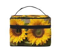 Trousse de toilette portable à rabat avec poignée pour femme Motif deux chevaux, Trois tournesols sur bois., Taille unique, Trousse de maquillage
