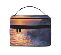 Trousse de toilette portable à rabat avec poignée pour femme - Motif guitare de lac, Irlande Coucher de soleil Paysage marin, Taille unique, Trousse de maquillage