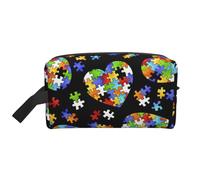 Trousse de toilette portable de grande capacité à fermeture éclair pour voyage quotidien sensibilisation à l'autisme pièces puzzle imprimé cœur