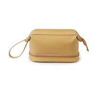 Trousse de toilette portable double couche - Grande trousse de toilette en cuir double couche - Avec poche à pinceaux et séparateur - Étanche - Organiseur pour femmes et filles, jaune, 26cm x 16cm x