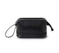 Trousse de toilette portable double couche - Grande trousse de toilette en cuir double couche - Avec poche à pinceaux et séparateur - Étanche - Organiseur pour femmes et filles, Noir , 26cm x 16cm x