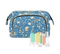 Trousse de toilette portable pour femme Motif fleurs Bleu et doré